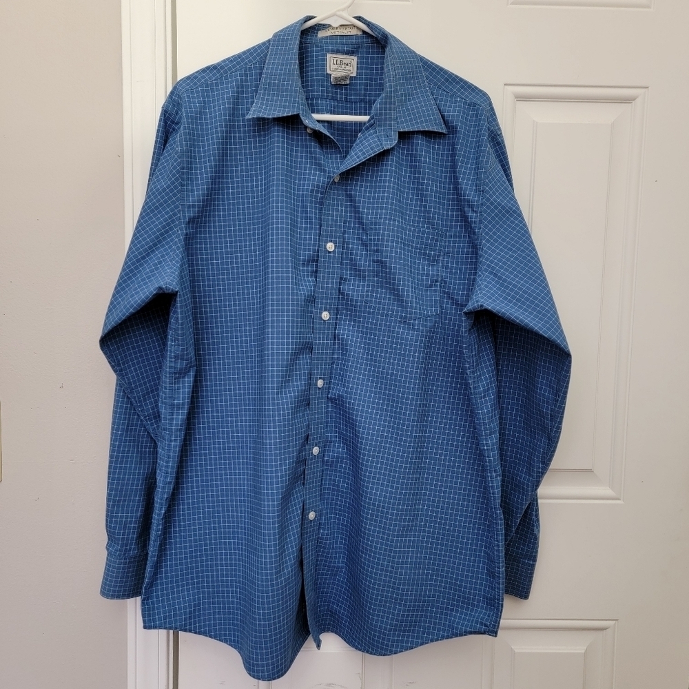 LL Bean Mens Button Down Shirt Blue Gingham Checked Long Sleeve Cotton Size L